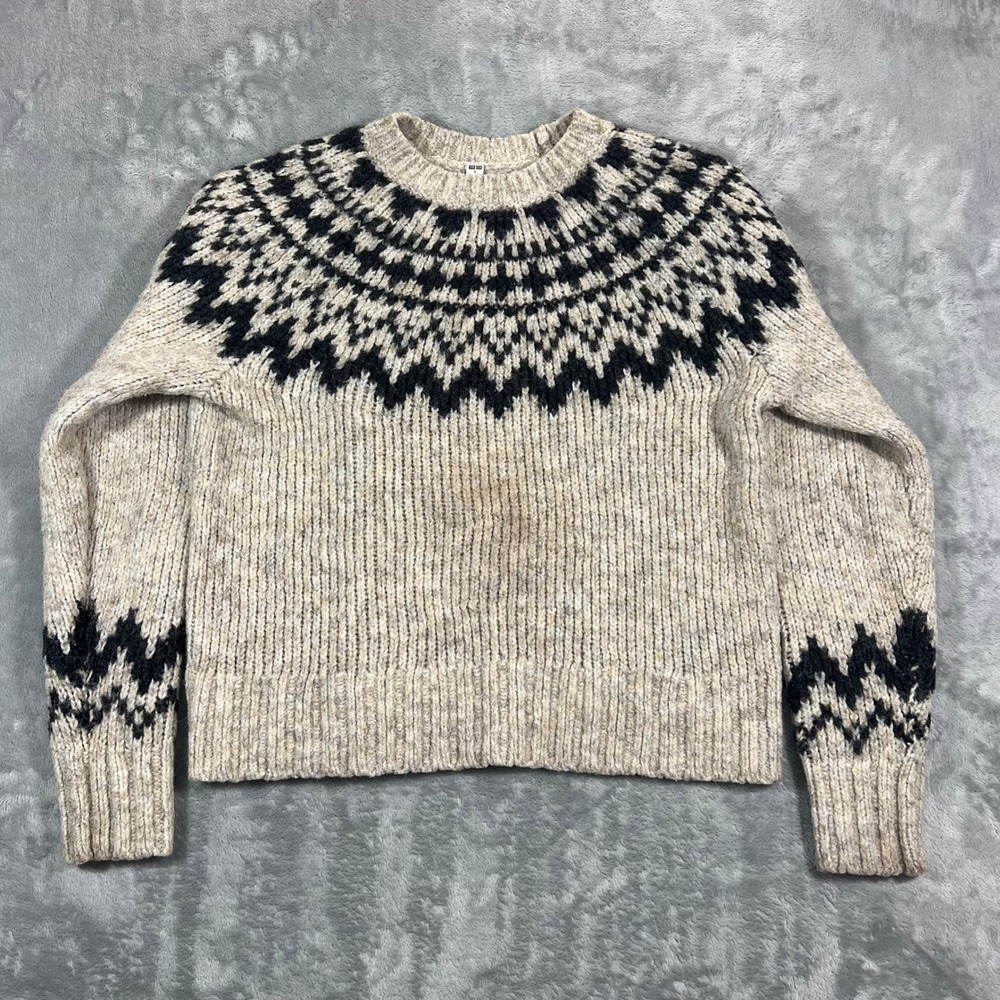 Uniqlo Fair Isle Crew Neck LS Sweater Womens Small Beige Black Cozy Wool Blend